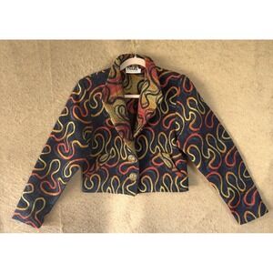VTG Treadle Design Room Tapestry Crop Jacket Womens Sz S Dark Blue Geometric